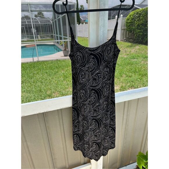 Slinky 90s Black Midi Dress Glitter Open Back Spaghetti Straps Diamond Cut S - Picture 1 of 14